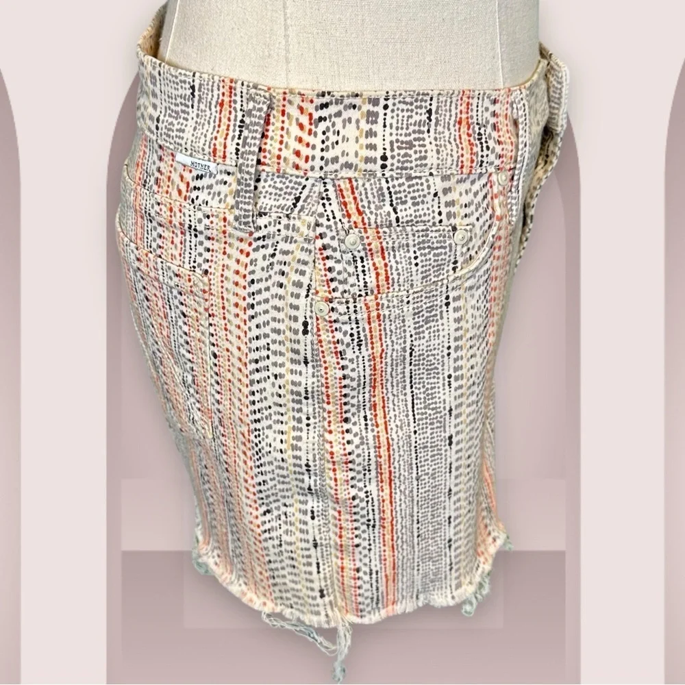 NWT MOTHER Denim ‘Straight Mini Fray’ Denim Skirt in “Mandarin” Orange Dot Print